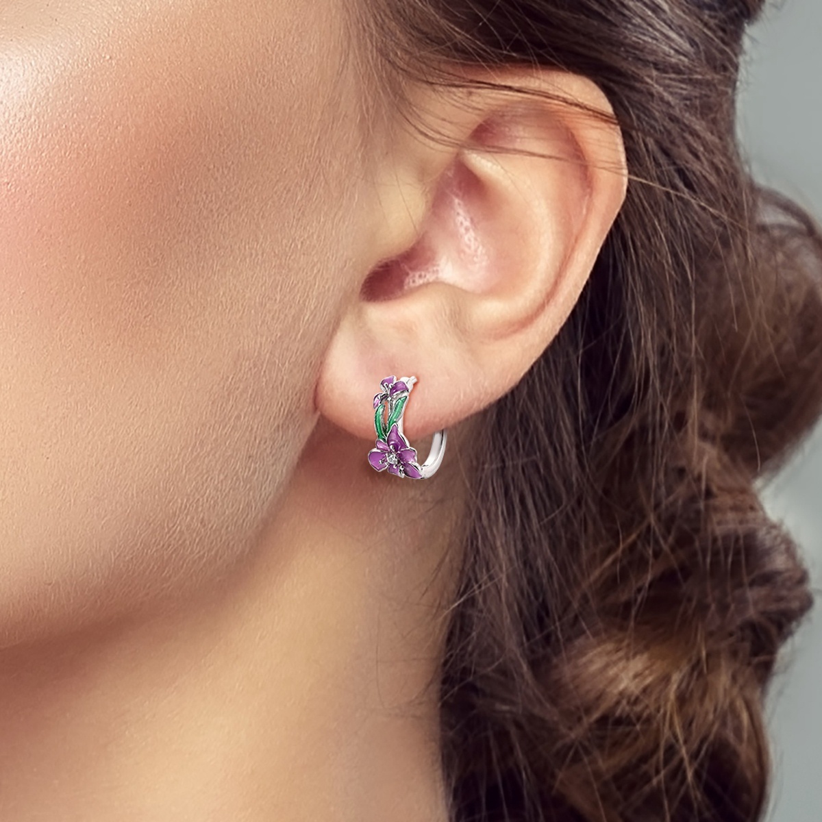 Women's Elegant Purple Iris Earrings with Copper and Silver Plating