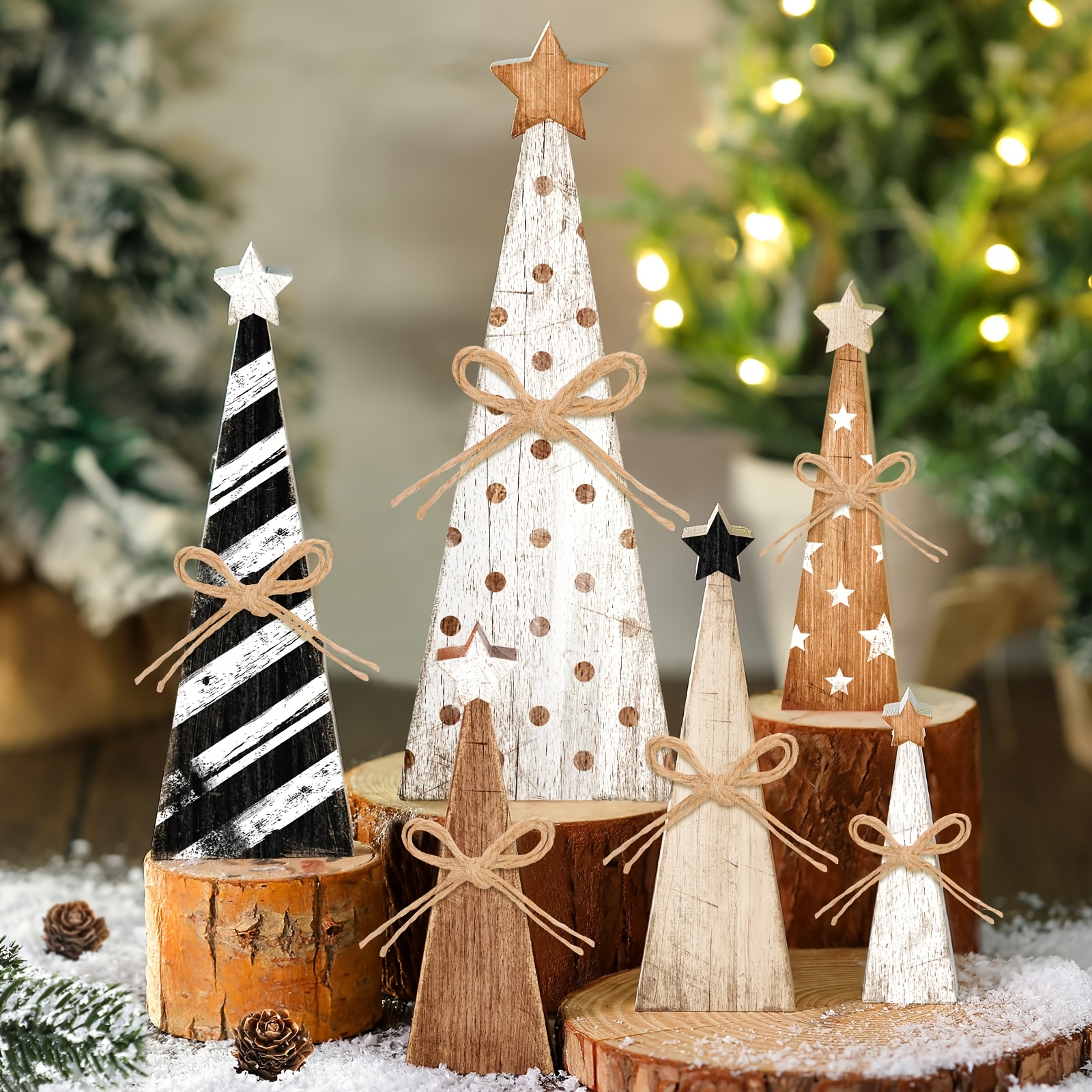 Image of Christmas Tiered Tray Decor, Distressed Wooden Cone Christmas Tree With Jute Bow, Polka Dot Farmhouse Tabletop Signs, Shelf Ornaments, Xmas Home Decor Gift