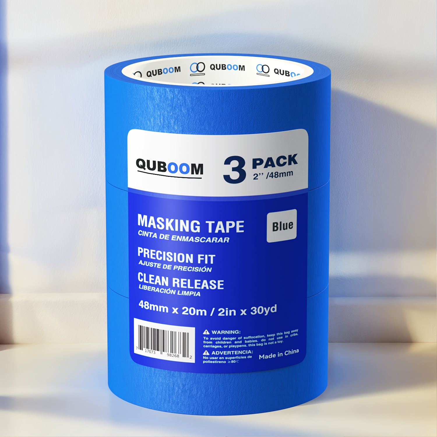 TEMU Quboom Blue Multi-surface Painter's Tape, 2 Inches Wide (2in. X 30 Yds), 3 Rolls, Tape Protects And Removes , Masking Tapes For Indoor And
