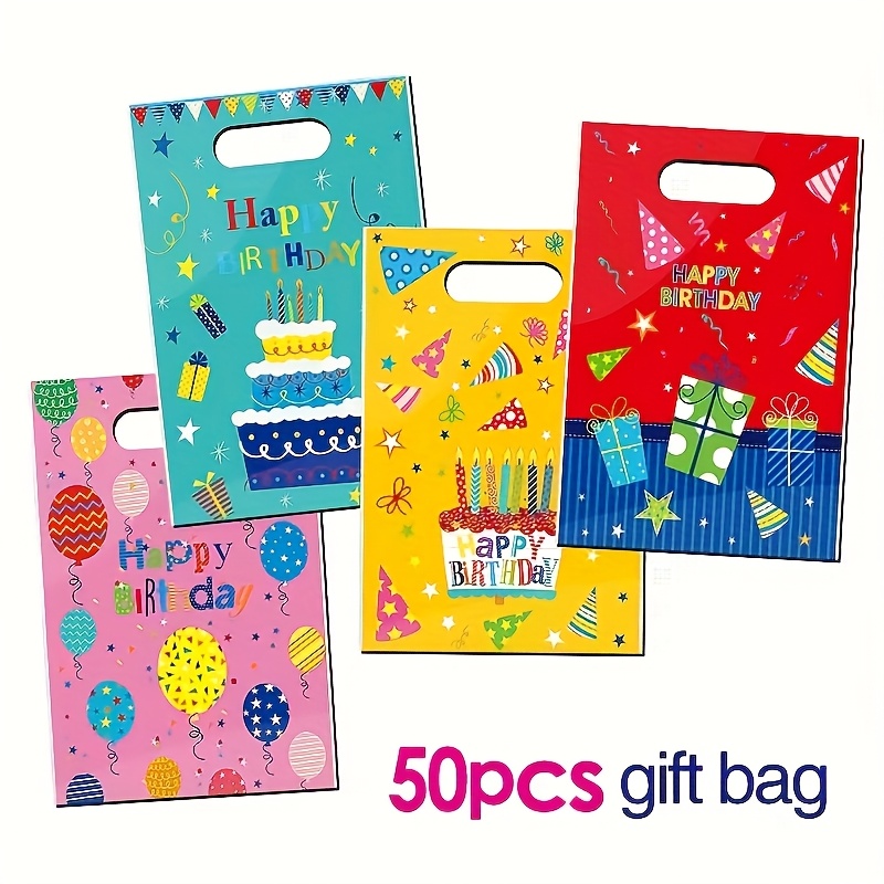 Image of 50pcs/pack Of Birthday Party Tote Bags - Pearlescent Film Packaging, Suitable For Gift Packaging, Party Favors And Fun Decoration, Design