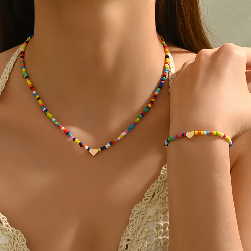E-shop 1 Armband + 1 Halskette, Damen Bohemian Glas Bunte Perlen Adjustable Schmuckset, Legierung Herz, Tägliche Urlaubsbekleidung, Urlaubsgeschenk