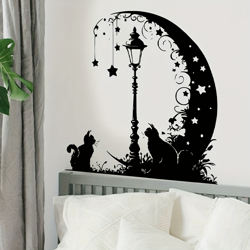 Image of Black Moon Aesthetic Pattern Street Lamp Kitten Wall Sticker, Decorate Bedroom Living Room Kitchen Restaurant Self-adhesive Painting, Removable Pvc Wall Sticker