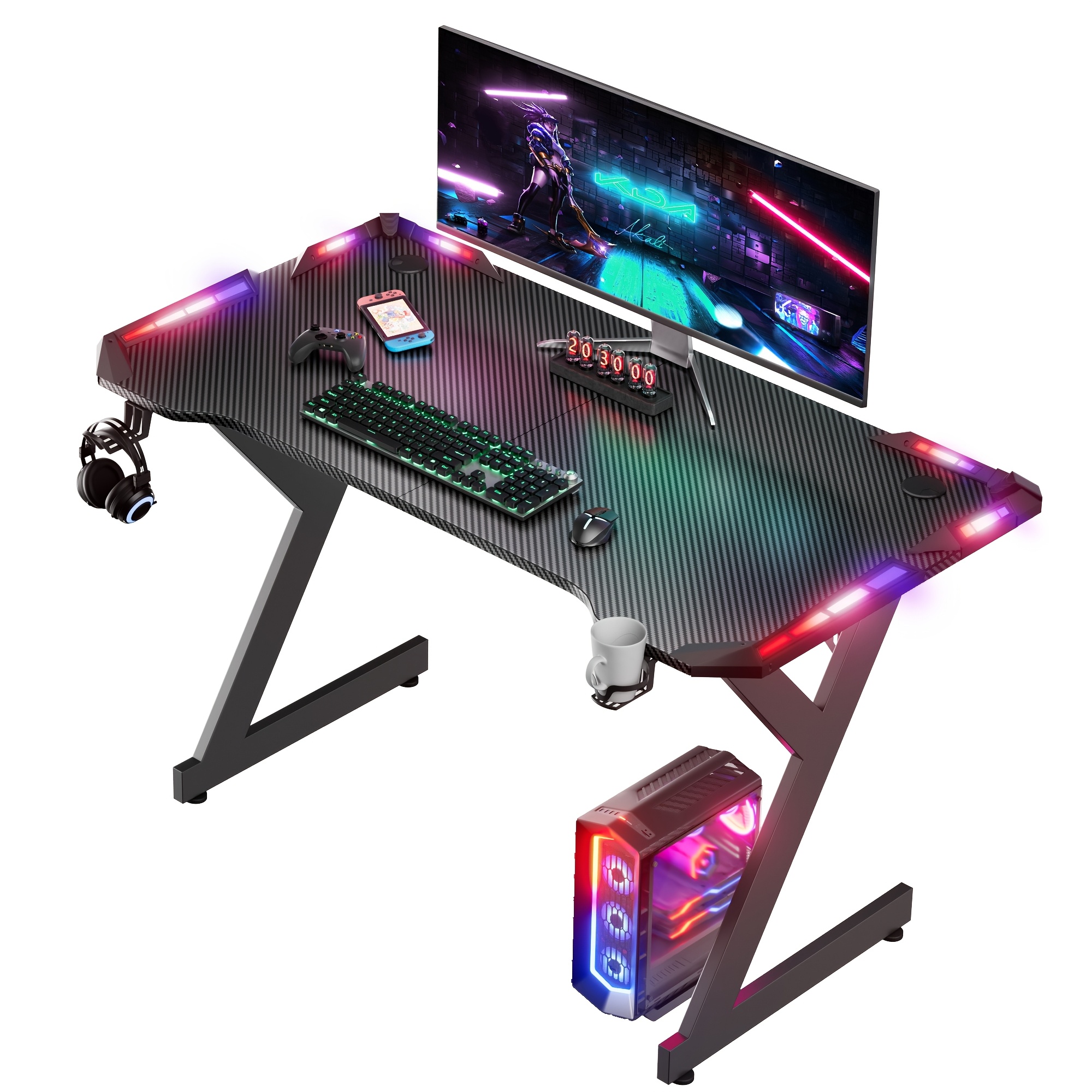 Image of Furnishia 47/55/63 Inch Gaming Desk With Led Lights, Computer Desk With Cup Holder & Headphone Hook, Ergonomic Office Desks For Bedroom, Sturdy Writing Workstation