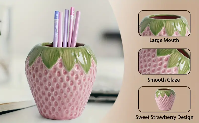 strawberry ceramic pen holder multifunctional desktop organizer storage pen holder makeup brush storage holder office desk pen holder living room and bedroom decoration ornaments Product details 1