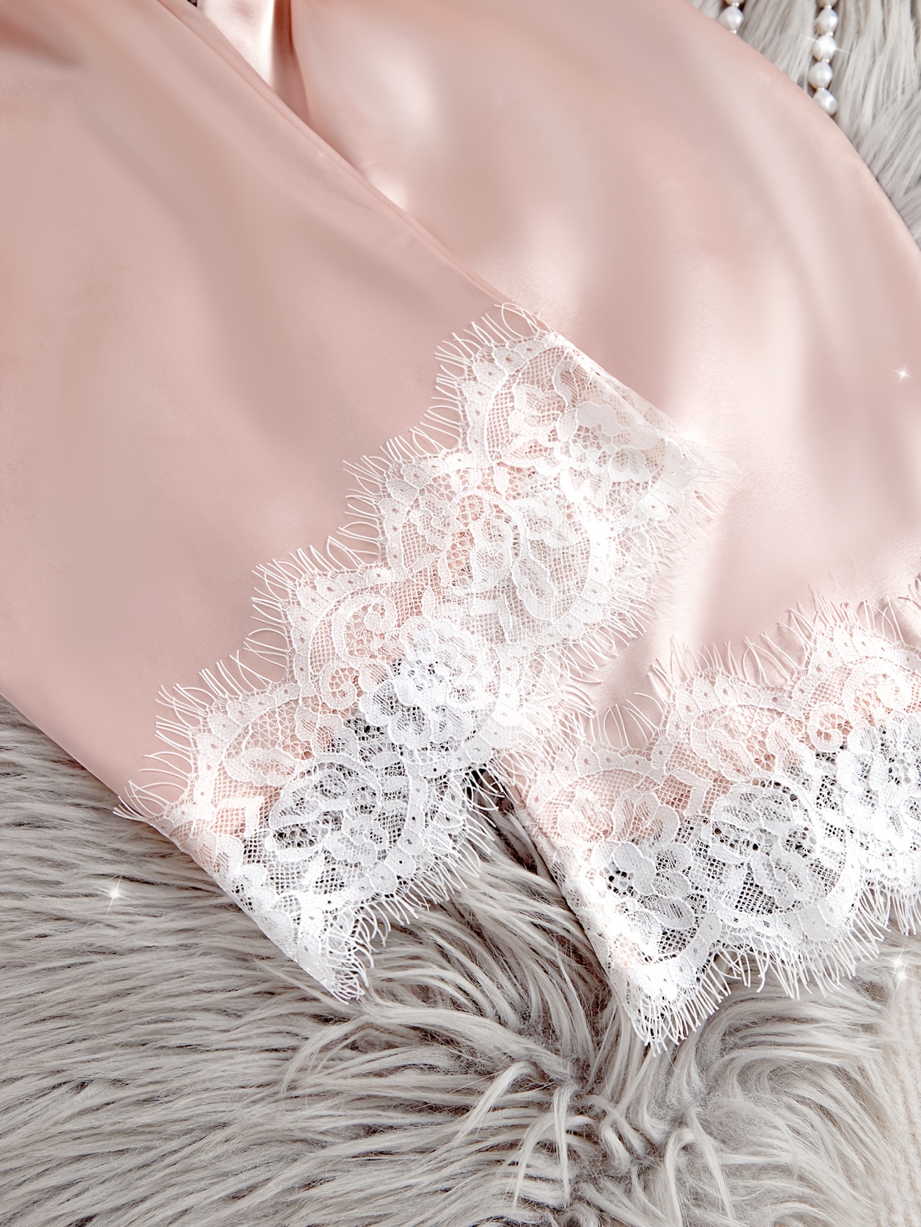 4pcs solid color contrast lace pajama set with thin straps camisole top elastic long pants loose robe with belt womens comfortable pajama and casual wear set   v neck long sleeve long length adult size casual wear set   robe elastic waistband robe Product details 9
