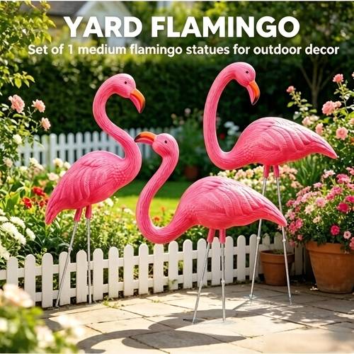 3 medium sized lawn flamingo decorations in different shapes featuring vivid dynamic postures and trendy ambiance courtyard garden and lawn landscaping