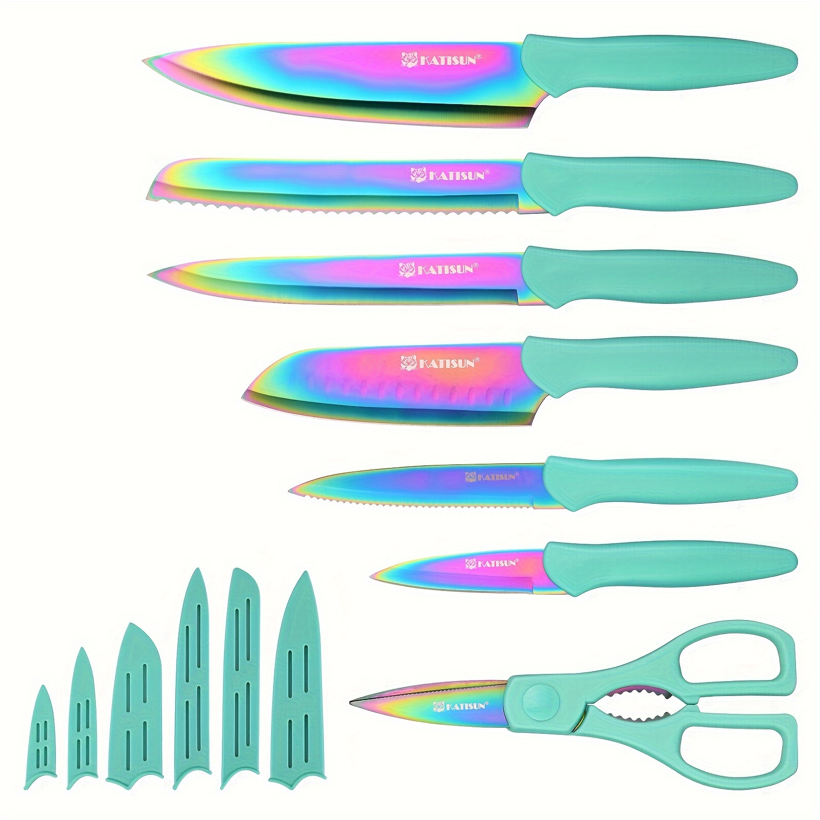 

13 Piece Rainbow Titanium Coated Stainless Steel Boxed Knives Set, Anti-rust And Dishwasher Safe, 6 Knives With 6 Blade Covers And Kitchen Shears, For Party And Hiking
