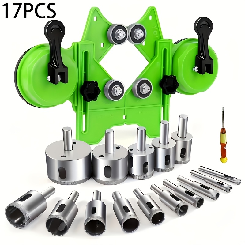 Diamond Kit 17pcs Drill Bit Set With Double Suction Cups Guide Jig Fixture From 4mm-83mm Hollow Drill Set For Ceramic, Glass, Tile, Porcelain, Marble, Granite