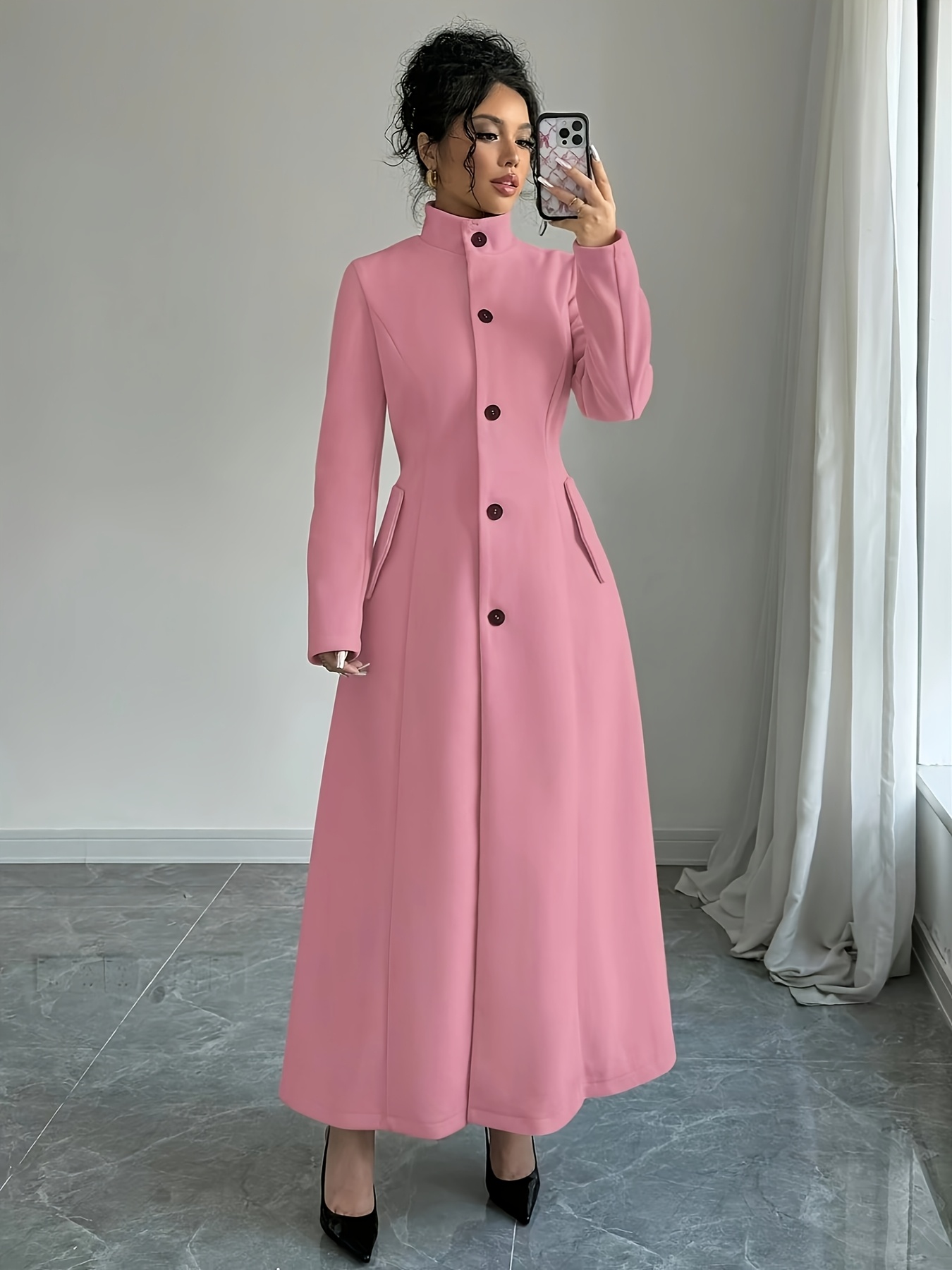elegant long fleece coat women stand collar button details - Temu