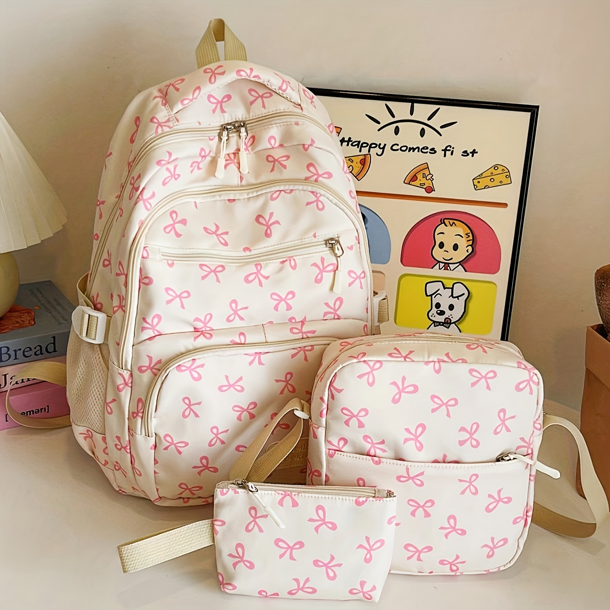 TEMU 3pcs Women's Preppy Bag Set With Lunch Box Case & Crossbody Bag - Bright Bowknot Backpack, Large Capacity Nylon Suitable For, College,,