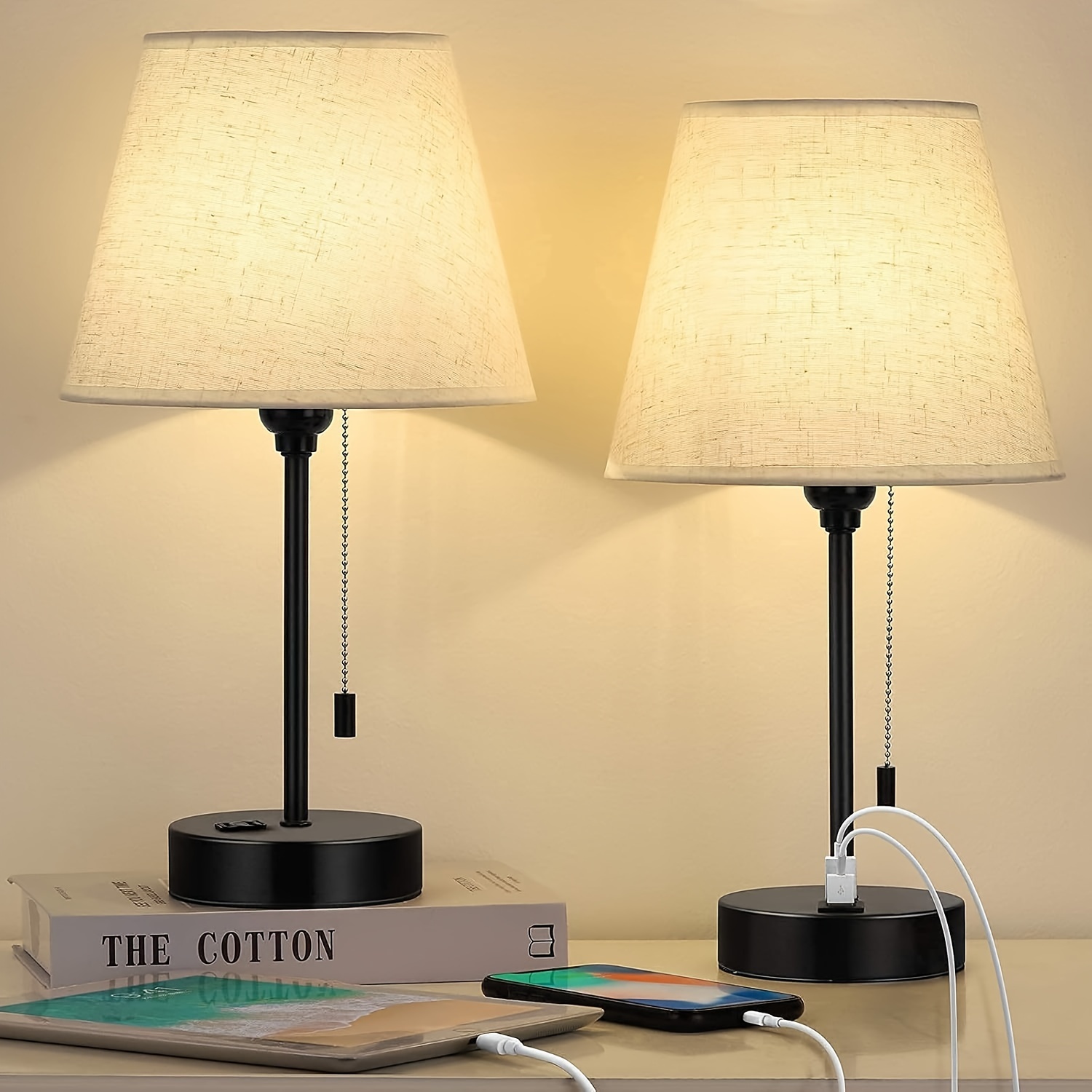 

Bedside Table Lamp Set Of 2, Small Bedside Table Lamp With Dual Usb Charging White Fabric Shade Pull Chain Modern Nightstand Desk Reading Lamp For Bedroom, Living Room, Office, Dorm