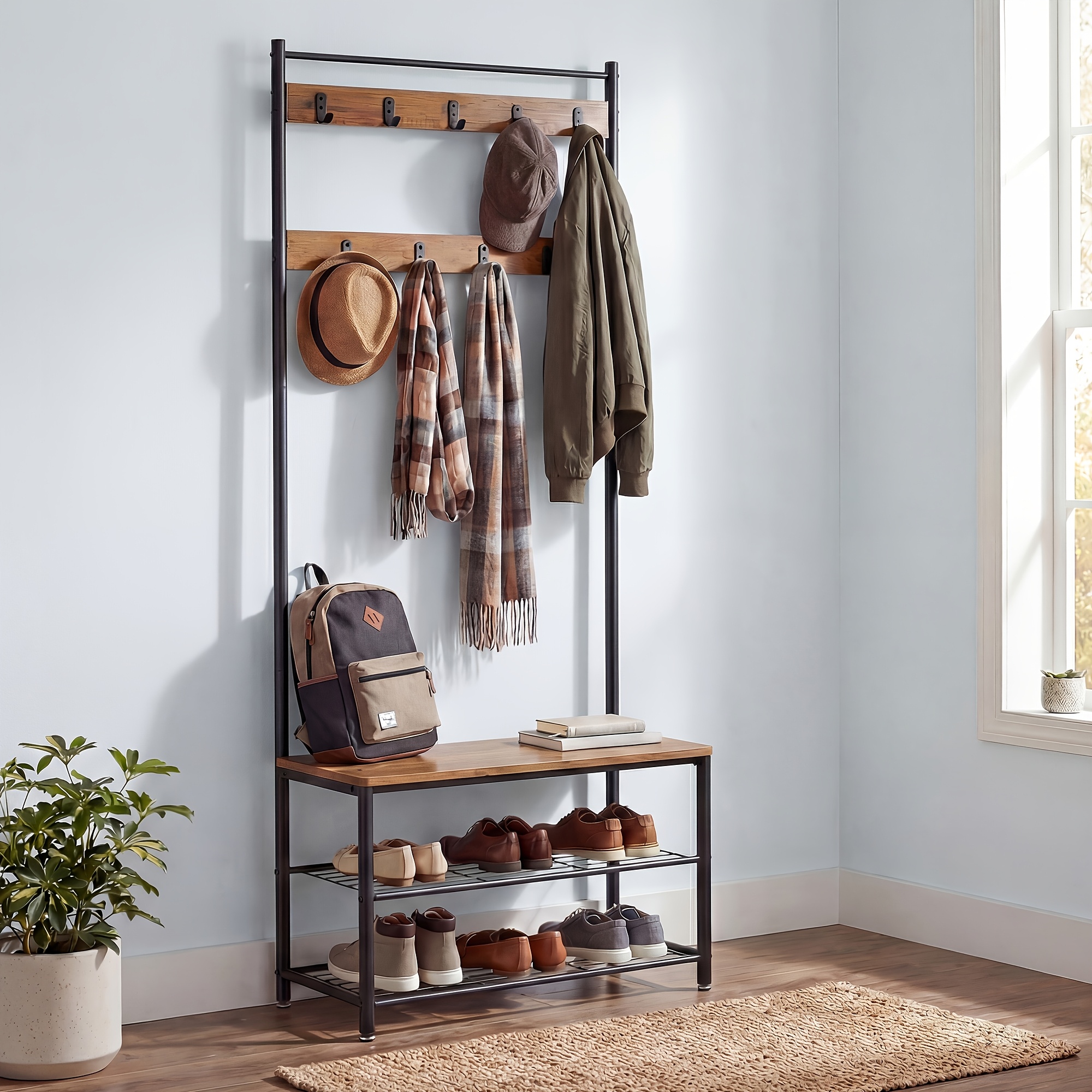 Multifunctional Clothes and Coat Rack with 8 Hooks and 3-Layer Shelf