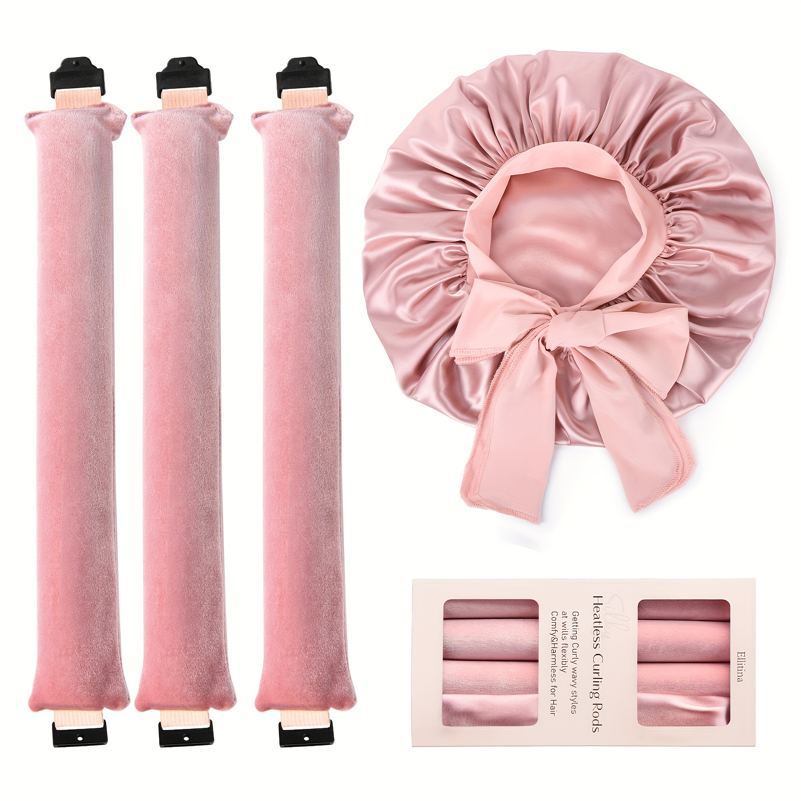 TEMU Ellitina 4pcs Heatless Curling Set - No Heat Overnight Curling Rod & Satin Bonnet | Spring/summer Waves, Sleep-friendly Diy Styling Kit For All