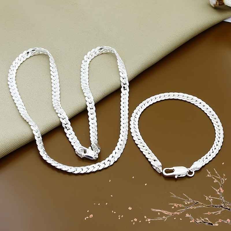 

2pcs Fashion Jewelry Set, 925 Sterling Silvery, 5mm Full Side Chain Necklace And Bracelet, Hip Hop Style, Casual Party Wedding Gift