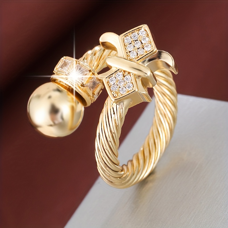 Adjustable Golden Ring with Sparkling Zirconia Accents
