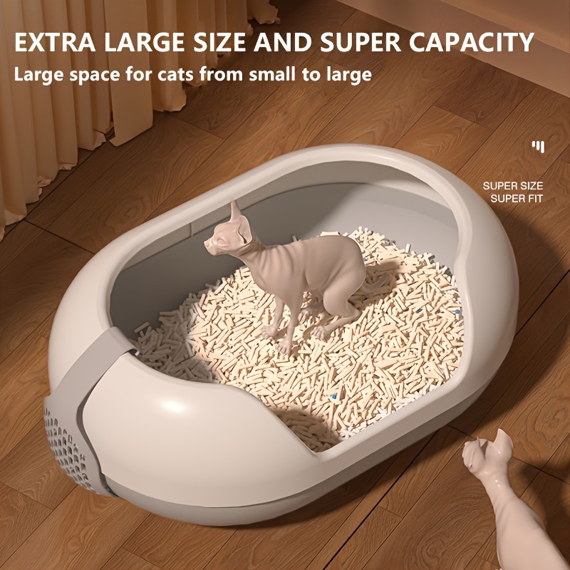 

Semi-enclosed Cat Litter Box With , Oval Plastic Kitty Litter Pan, High Capacity With Easy Clean Shovel