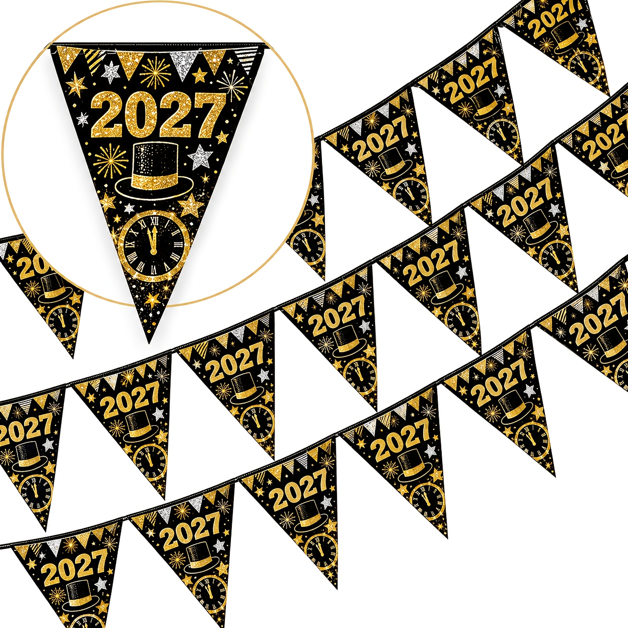 TEMU A Set Of New Year's Eve Party Pennant Banner Featuring A Black And Golden Glitter Clock And Top Luxury Printed Design, For New Year's Eve Party