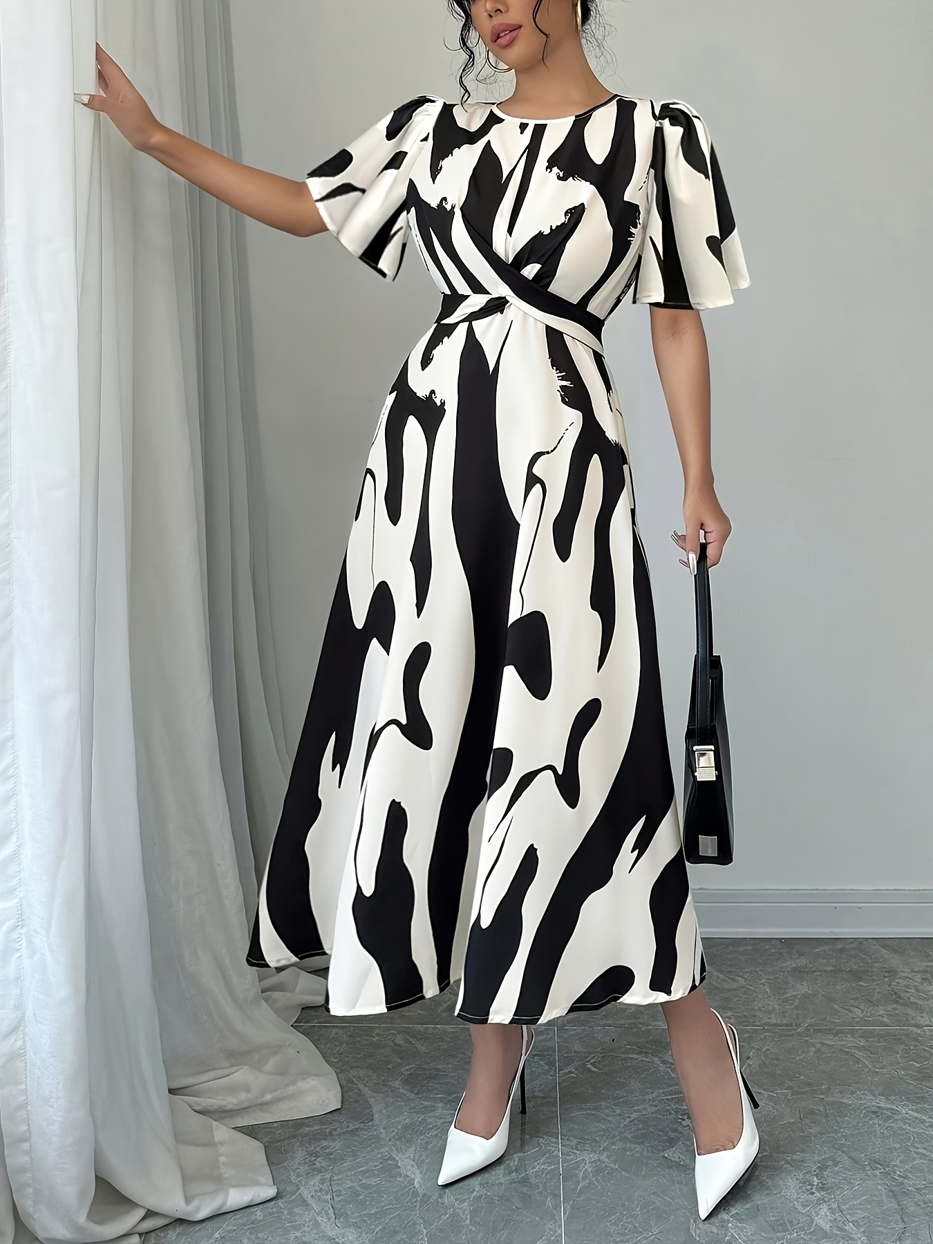 womens elegant asymmetrical geometric print dress puff - Temu United Arab  Emirates