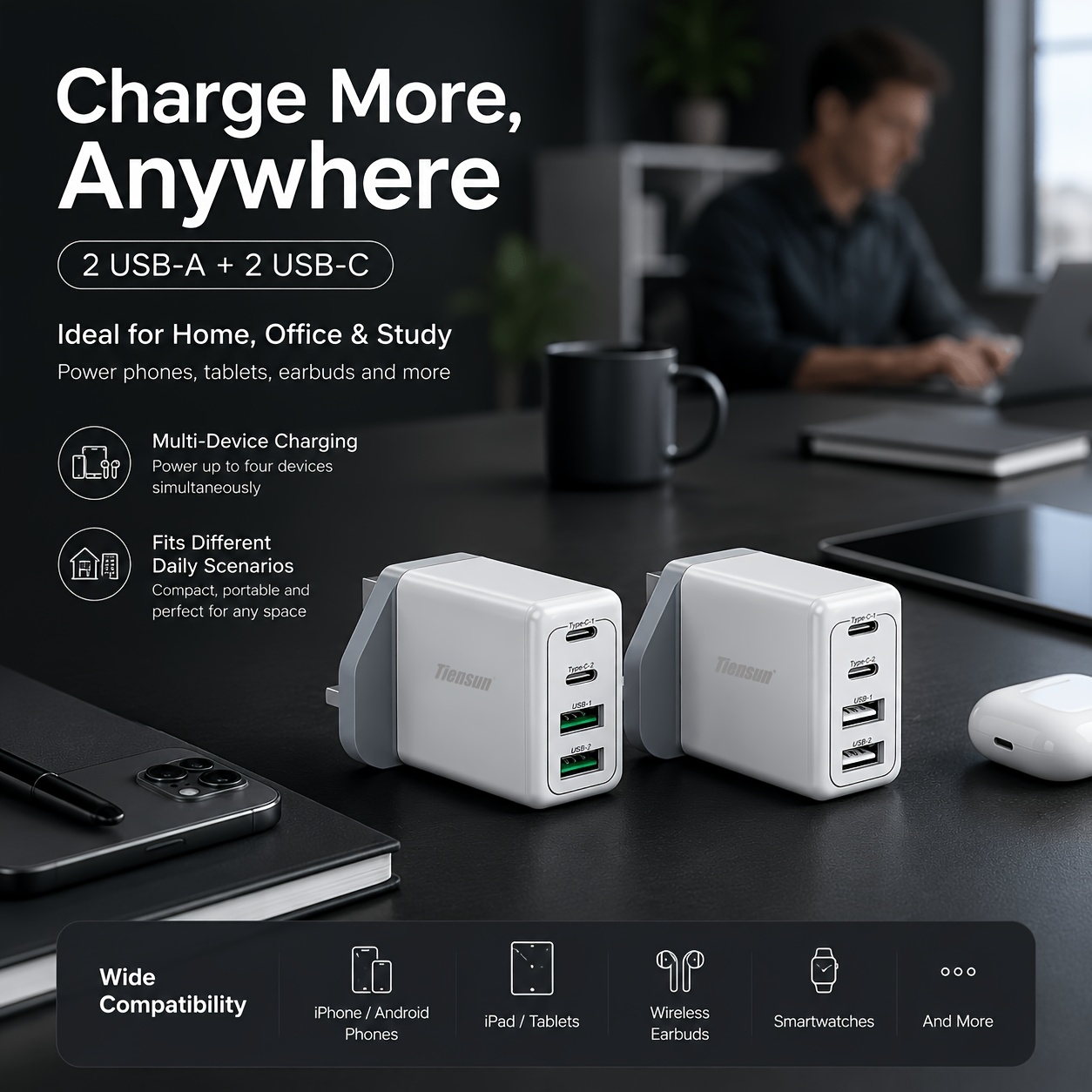 2A2C UK Plug Multi 4 USB Ports Smart Charging Block