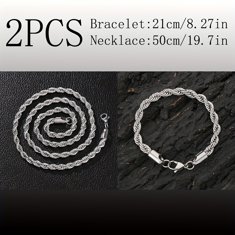 E-shop 2er-Set 304 Edelstahl Geflochtene Kette Halskette Armband - Leichte und Robuste Unisex Schmuckstücke, Karabinerverschluss, Hochzeit Weihnachts