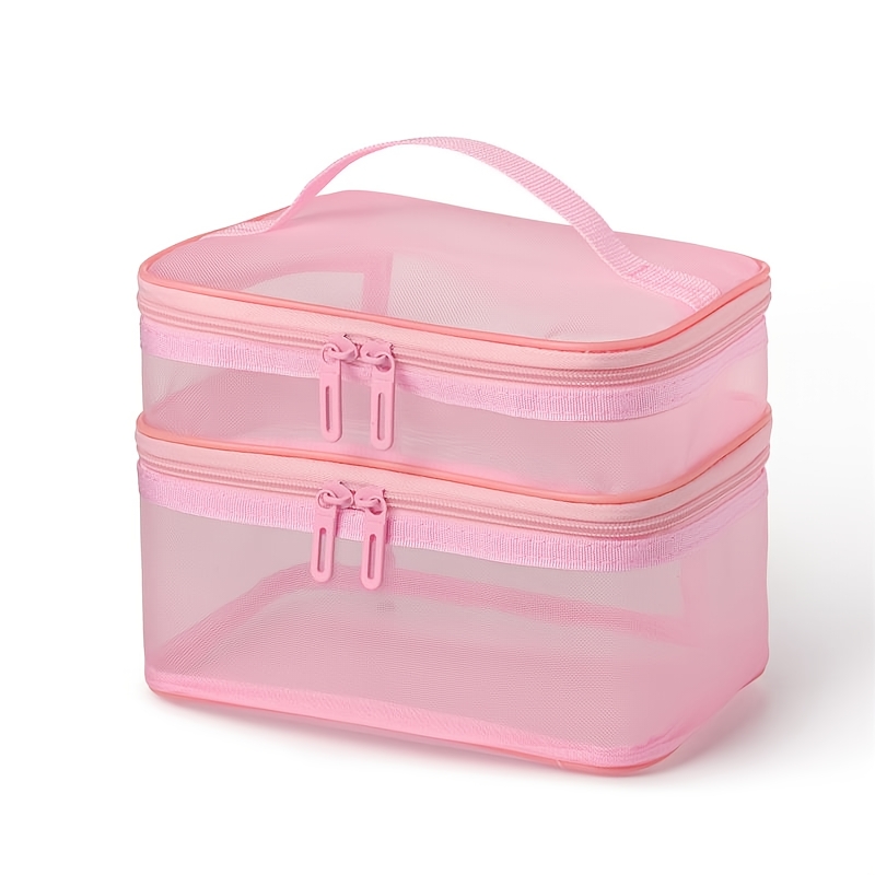 TEMU Double-layer Mesh Cosmetic Bag, Breathable Portable Travel Makeup Organizer With Top Handle