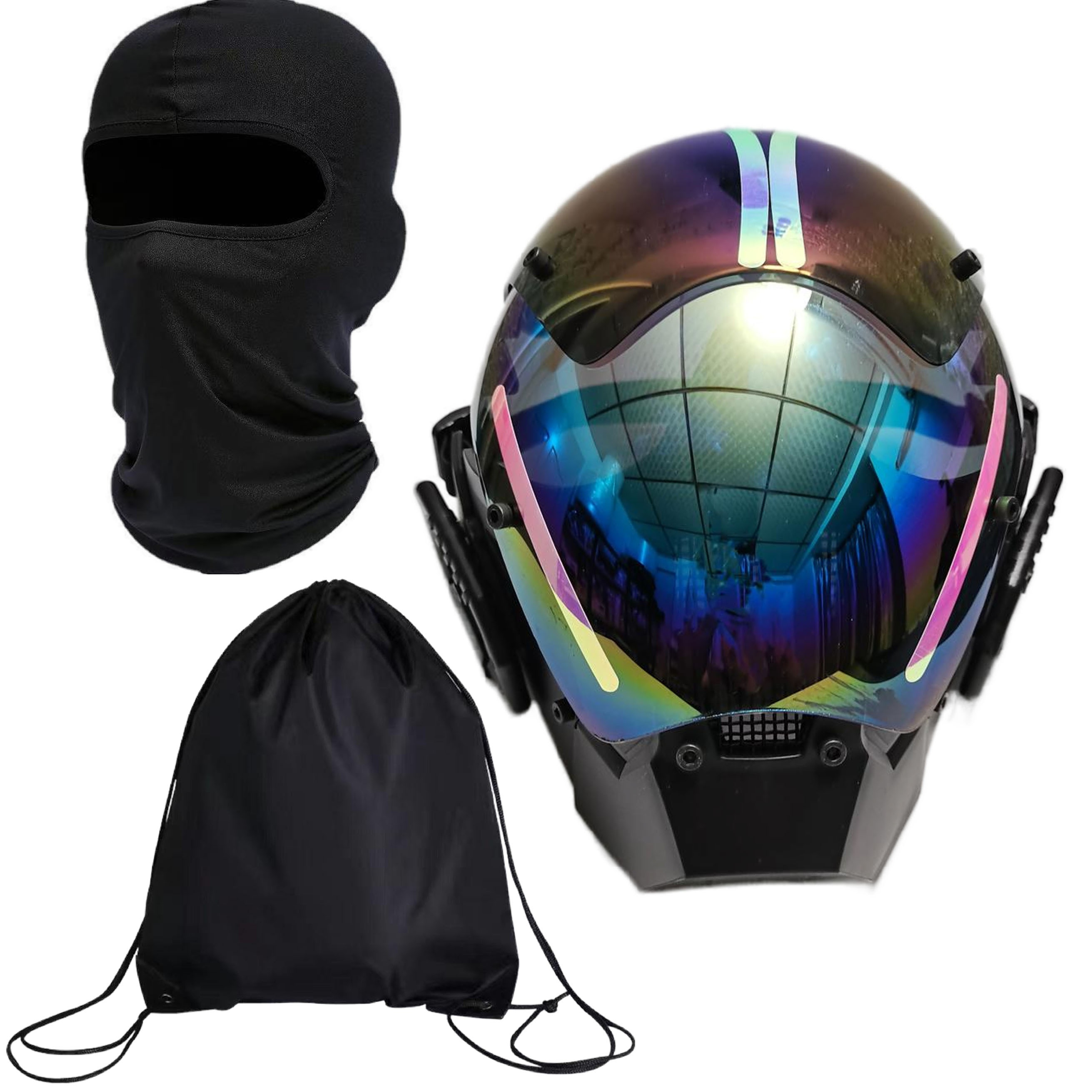Image of Doledolen 1set Futuristic Punk Mecha Mask Breathable Balaclava & Drawstring Backpack Ideal For Halloween, Cosplay, Rave Events, And Stage Performance Decorations Photography Additions