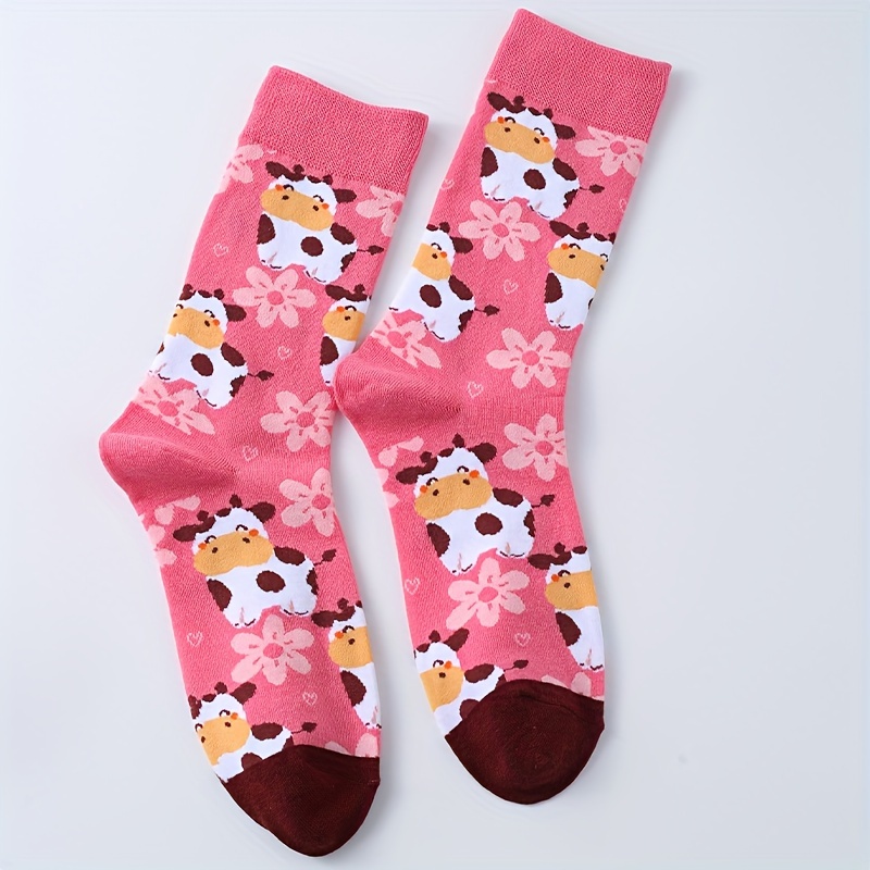 

Cartoon Cow & Floral Socks, Cute & Novelty Mid Tube Socks, Women's Stockings & Hosiery