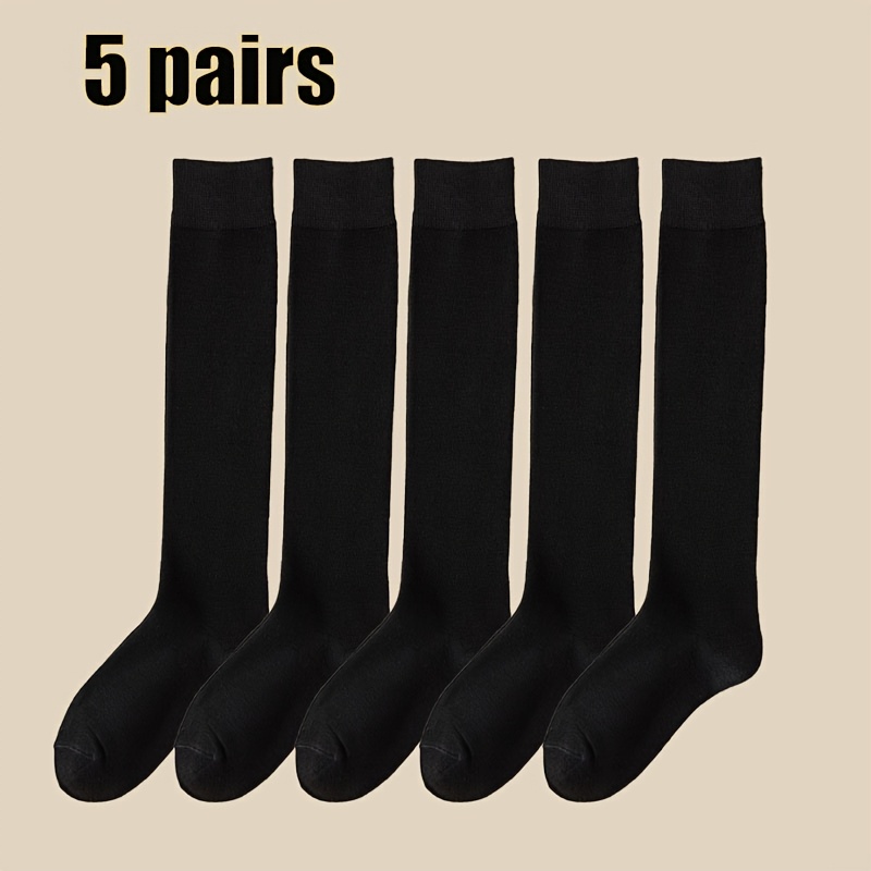 TEMU 5-pair Women' Socks - Soft Stretchy Elastic Uniforms, Stackable Mid-calf Long Socks With Options, Random Colors For Daily Wear & Uniform Outfits