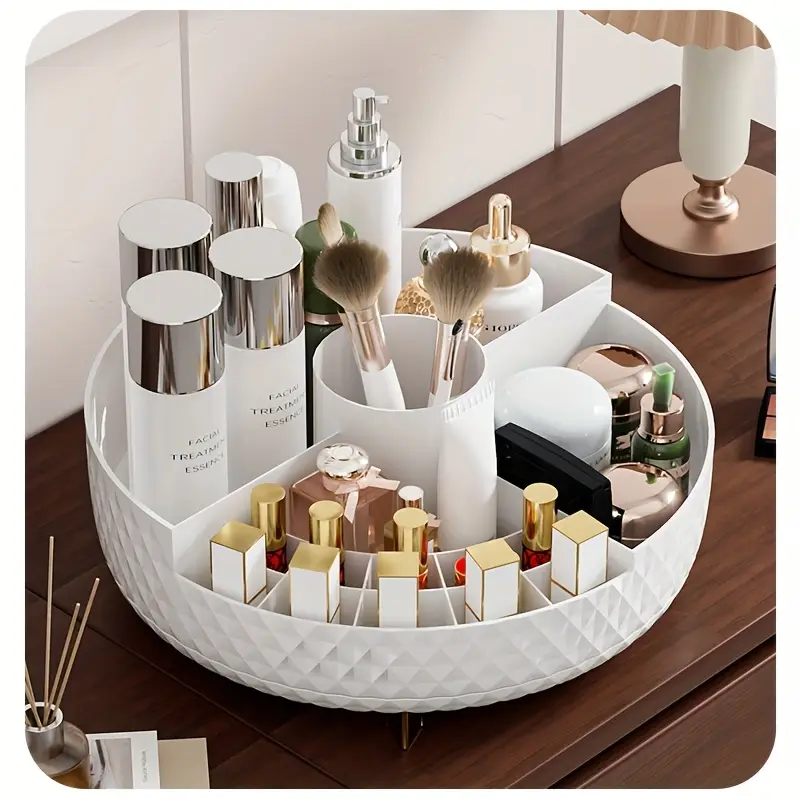 1pc high end rotating makeup organizer 11 2 diamond pattern cosmetic storage container with multiple compartments durable plastic vanity organizer for lipstick skincare brushes freestanding bathroom countertop display valentines day gift cosmetic storage organizer luxurious design polished Product details 11