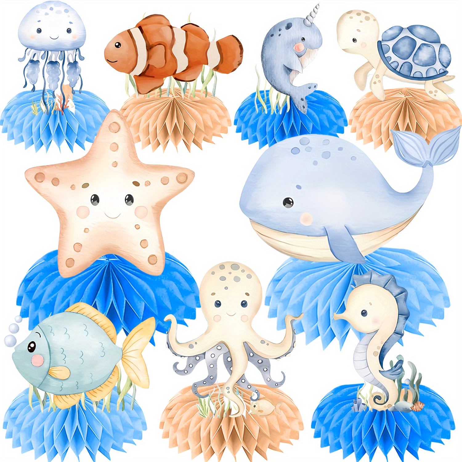 9pcs Ocean Animal Themed Honeycomb Decorations For Baptism And Birthday Party Supplies