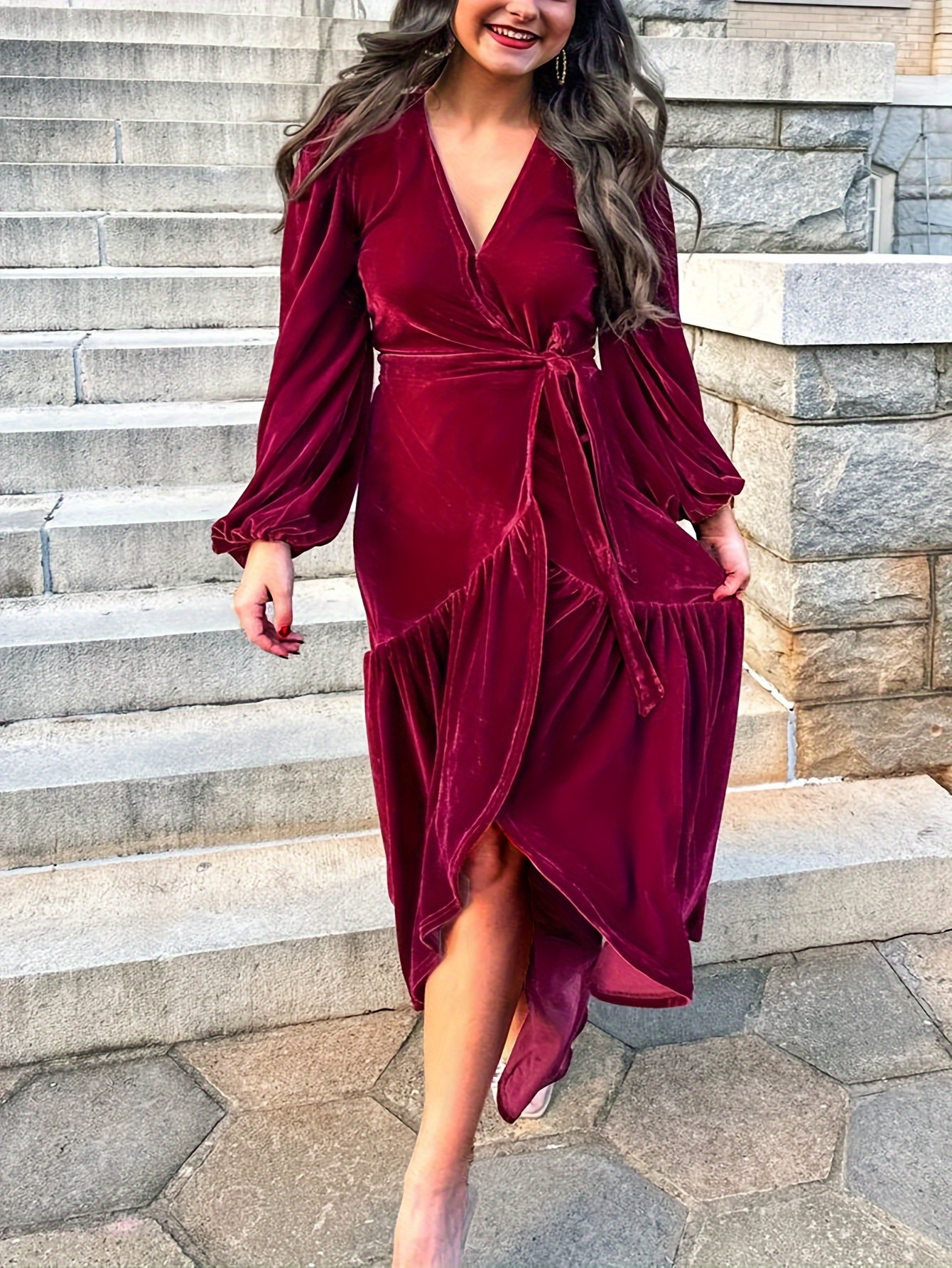 Sleeve Velvet Womens Burgundy Velvet Dress Plus Size Women's Elegant V Neck  Long Sleeve Velvet Dress Temu
