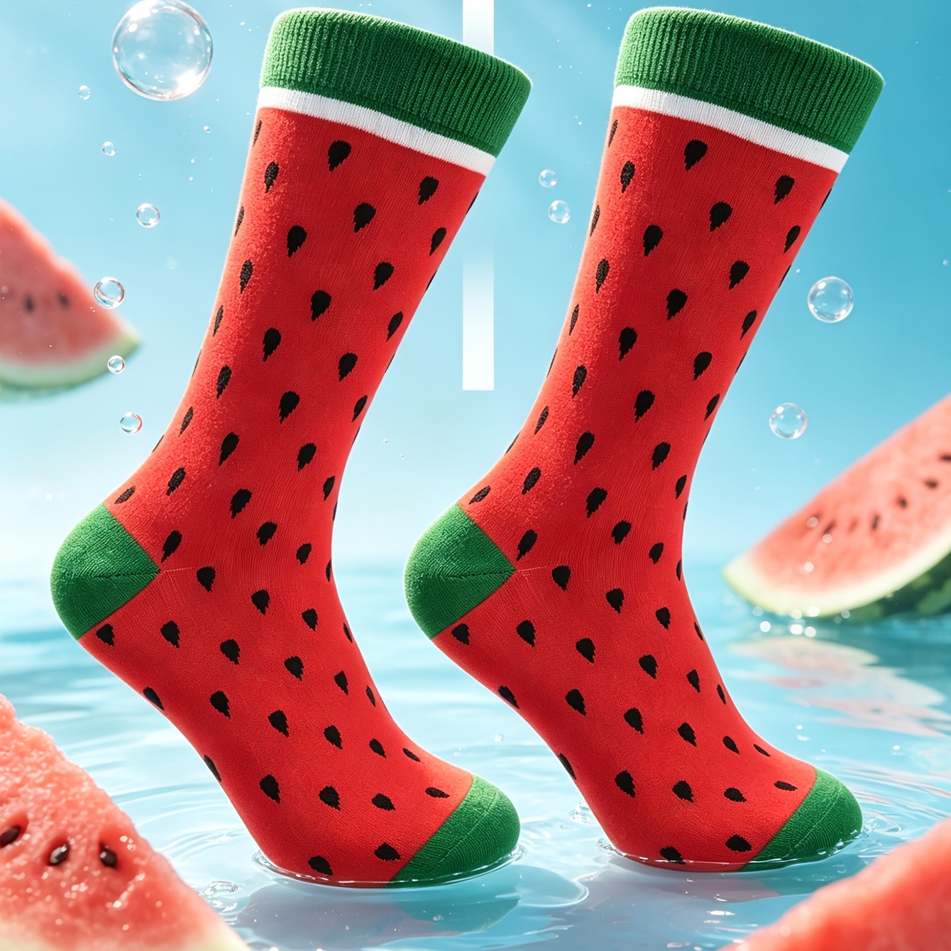 TEMU 1 Pair Red Base Black Polka Dot Watermelon-shaped Mid-calf Socks, Green And White Contrast Ribbed Cuff, Fruit And , , Essential For Daily .