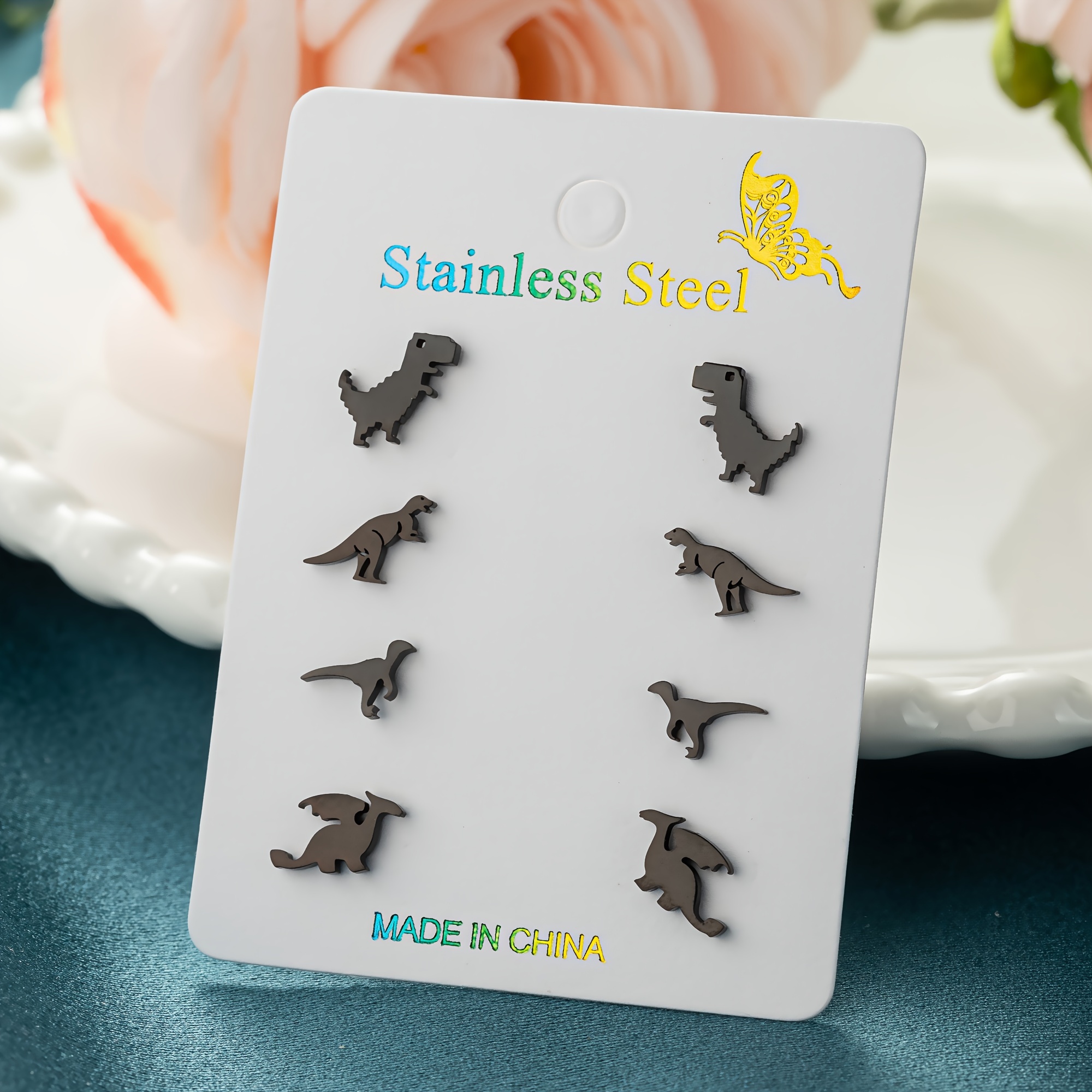 Image of 1 Card/set Of Stylish Stainless Steel Animal Dinosaur Earrings For Men Women Jewelry Party Wedding Gift