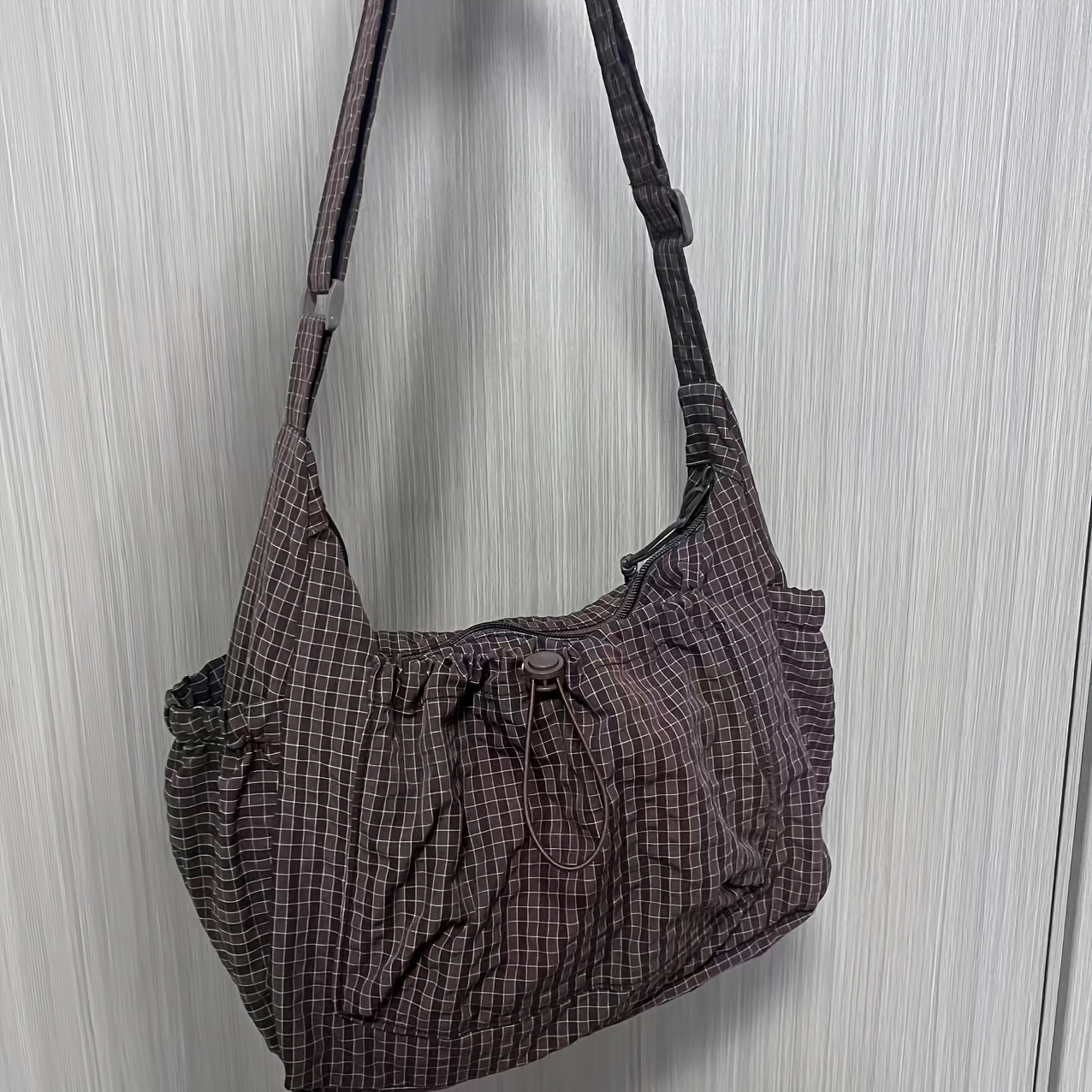 TEMU Bolso de a cuadros para mujer, bolso tote casual, versátil, plegable, con cierre de cremallera y correa ajustable, adecuado para uso diario, de