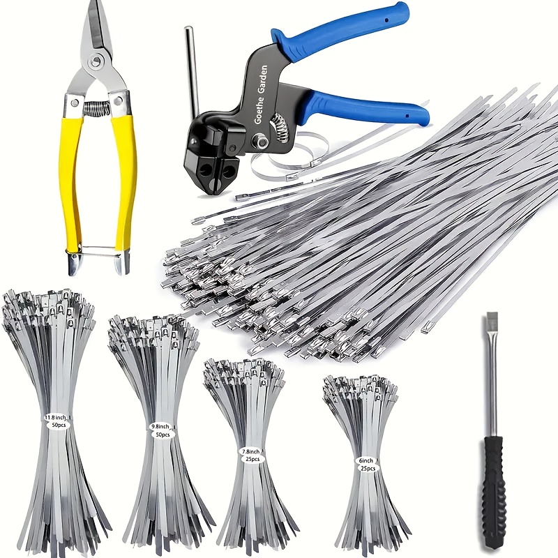 TEMU Heavy Duty 304 Stainless Steel Zip Tie Gun Kit, Comes With 150 Metal Zip Ties (4 Sizes), Suitable For Tensioning/cutting Tools For Fences,