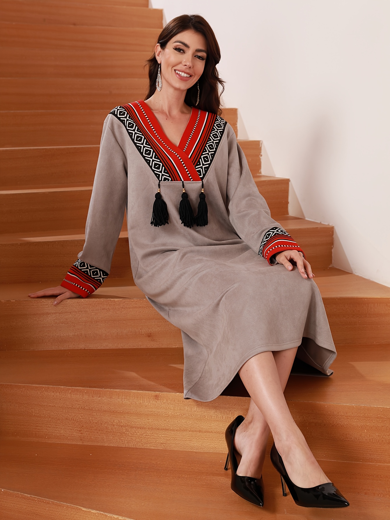 elegant embroidered v neck long sleeve khaki dress tassels - Temu United  Arab Emirates