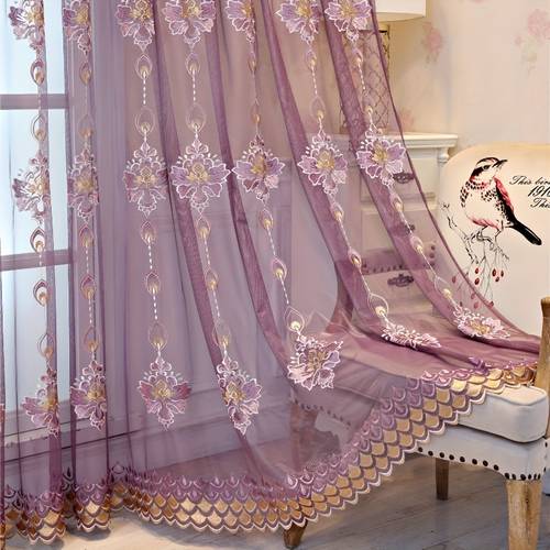 item picture 1pc purple embroidered translucent filtered pole curtains luxurious and beautiful for bedroom office living room study home decoration window decoration curtains
