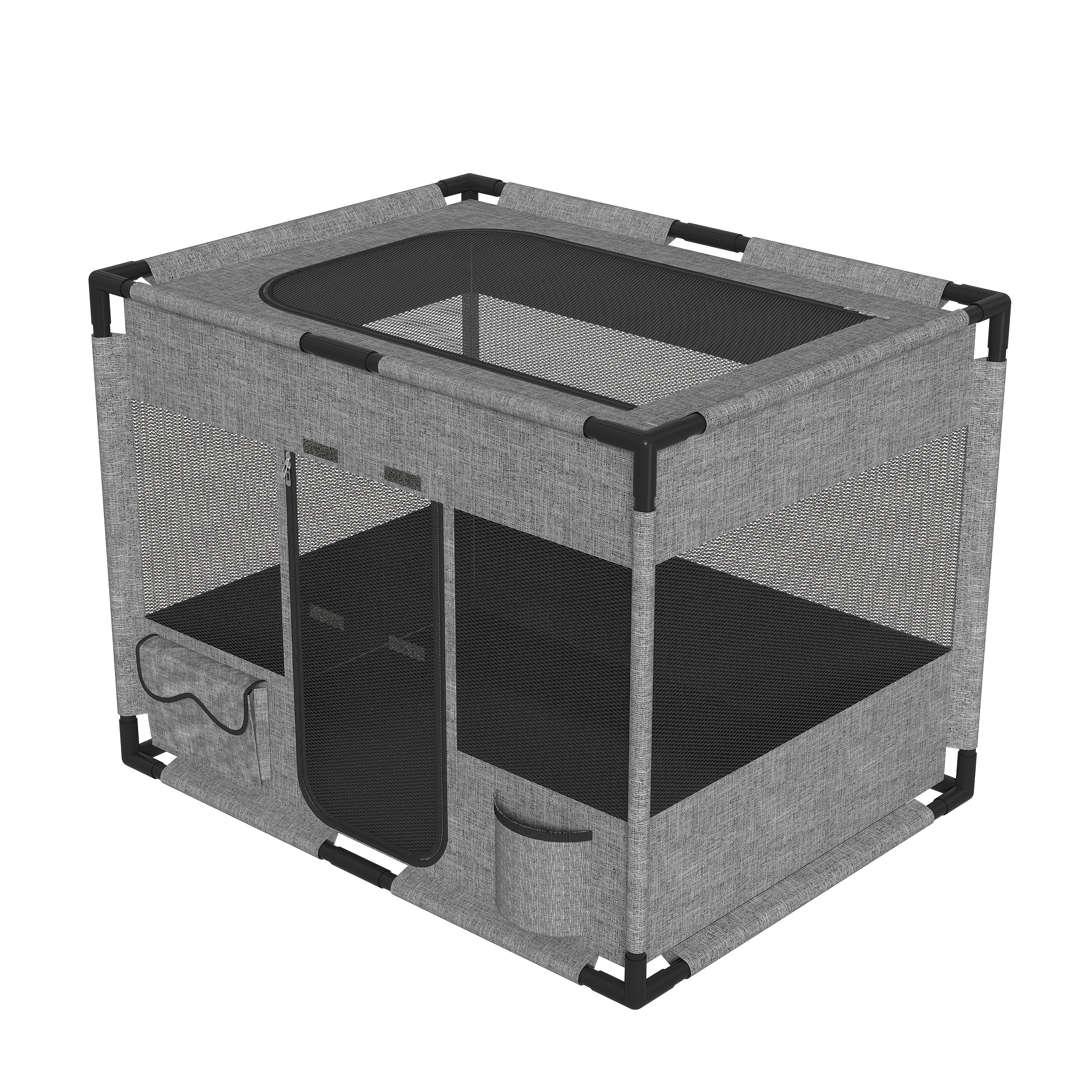 Grey Foldable Square Dog Crate - Breathable Oxford Cloth Mesh Pet Kennel With Zippered Door And Side Pockets