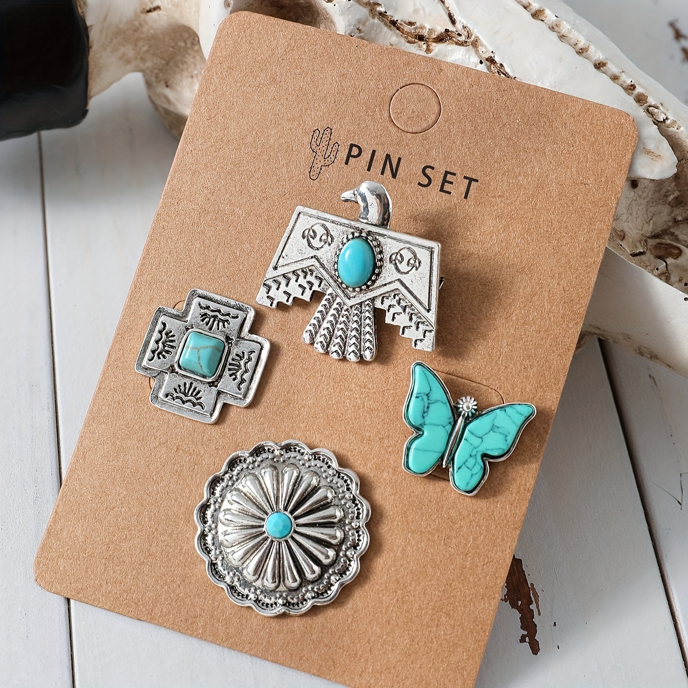 

Vintage Boho Brooch Pin Set Of 4 - Western Style Alloy Fashion Pins With Turquoise Embellishment For Women, Ideal For Daily Wear & Vacation Accessory, Versatile Butterfly, Eagle, And Floral Designs