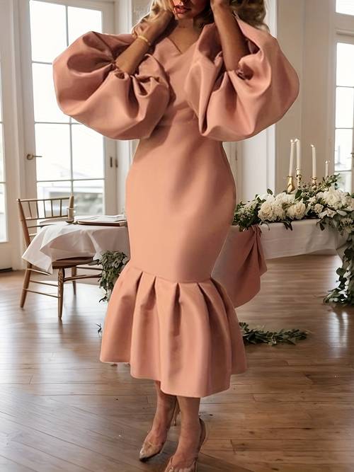 womens elegant v neck bubble sleeve midi dress in solid for parties banquets valentines day in yellow polyester and spandex blend hem cute dresses