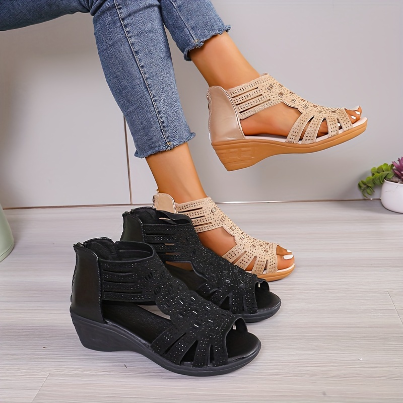 

Women's Fashion Solid Color Sandals, Summer Comfort Rhinestone Decor Wedge Shoes, Zip Back Walking Comfort Shoes