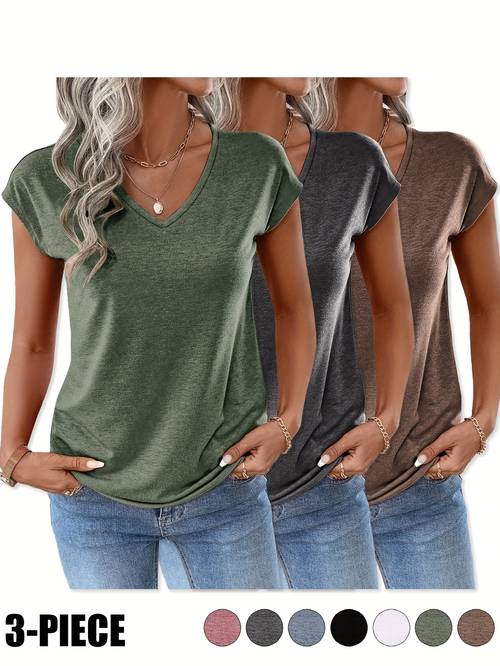 set of three solid color v neck t shirts made from colorful for spring and summer