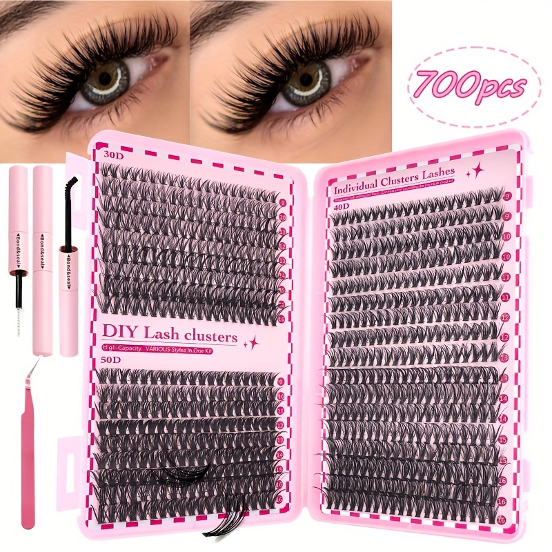 Image of Cluster Eyelash Extension Kit D Eyelashes Natural Thick Fluffy Personal Eyelash Kit With Eyelash Brush + Bonding And Sealing + Tweezers Liquid Suitable For Daily Home 9- 16mm 30d40d50d