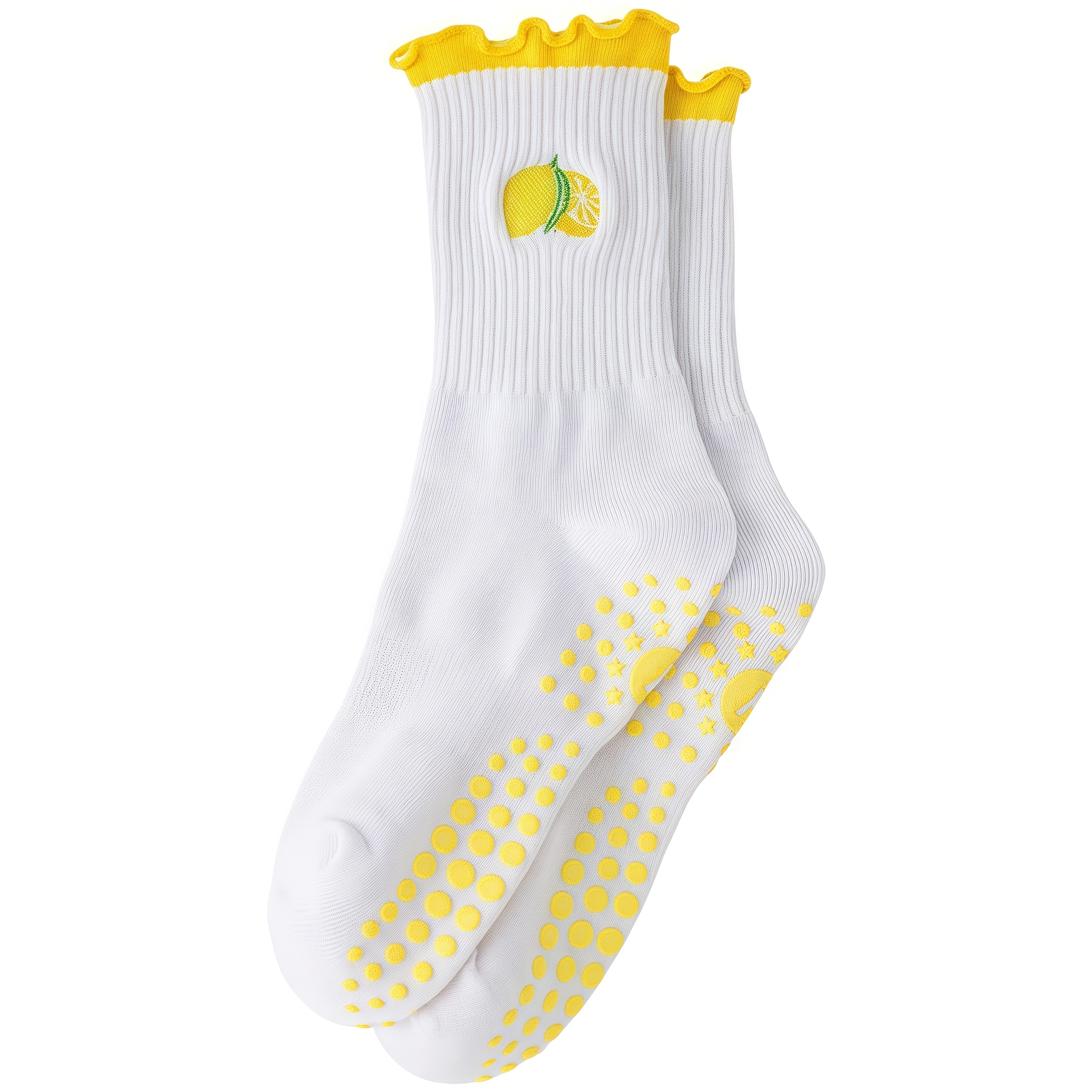 E-shop Rutschfeste Yoga-Socken mit gerüschtem Rand, Einfaches und modisches Muster mit Zitronenfrucht-Bestickung, Silikon-Griff-Socken, Atmungsaktive