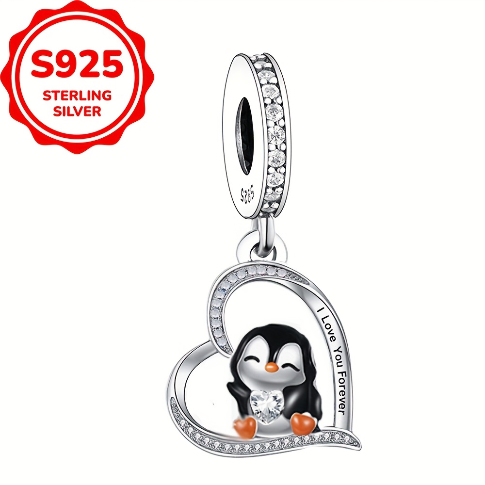 Image of 1pc 925 Sterling Silvery Penguin Heart Shaped Design Bracelet Or Necklace Charms Beads Making Birthday Or Mother's Day Gift