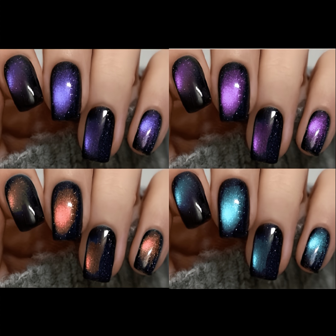 96pcs Short Square Glossy Cat Eye Press-on Nails - Blue, Purple, Red, Black With Cat Eye Fake Naols Set, 12 Sizes Full Cover False Nails Suitable For Christmas, Valentine's Day, Suitable For Summer
