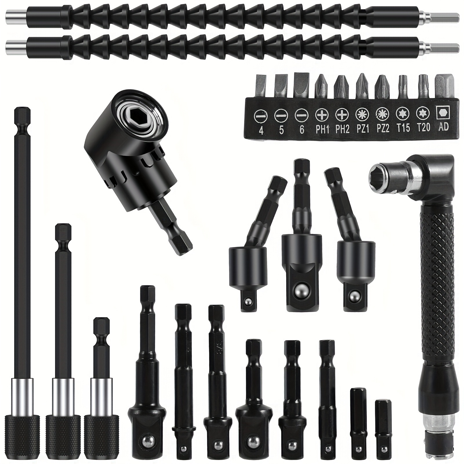 

Flexible Shaft Drill Bit Extension Set With 360° Rotatable Socket Adapter, Magnetic Bit Holder, L-shaped Screwdriver, And 10 Bits - Bendable Metal Shaft For Manual And Electric Drills