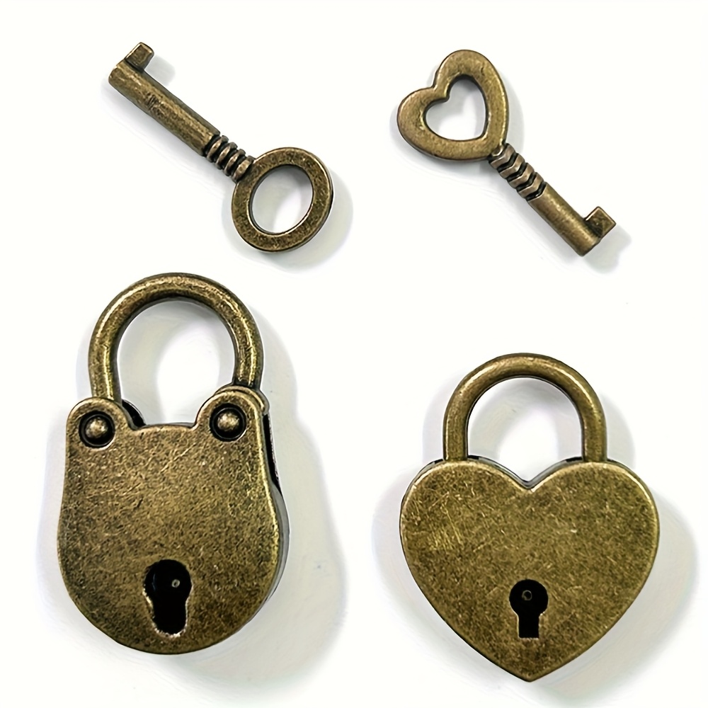 4pcs/2set Retro Vintage Mini Vintage Love Heart , Bronze Antique Bear Padlock, Antique With Key