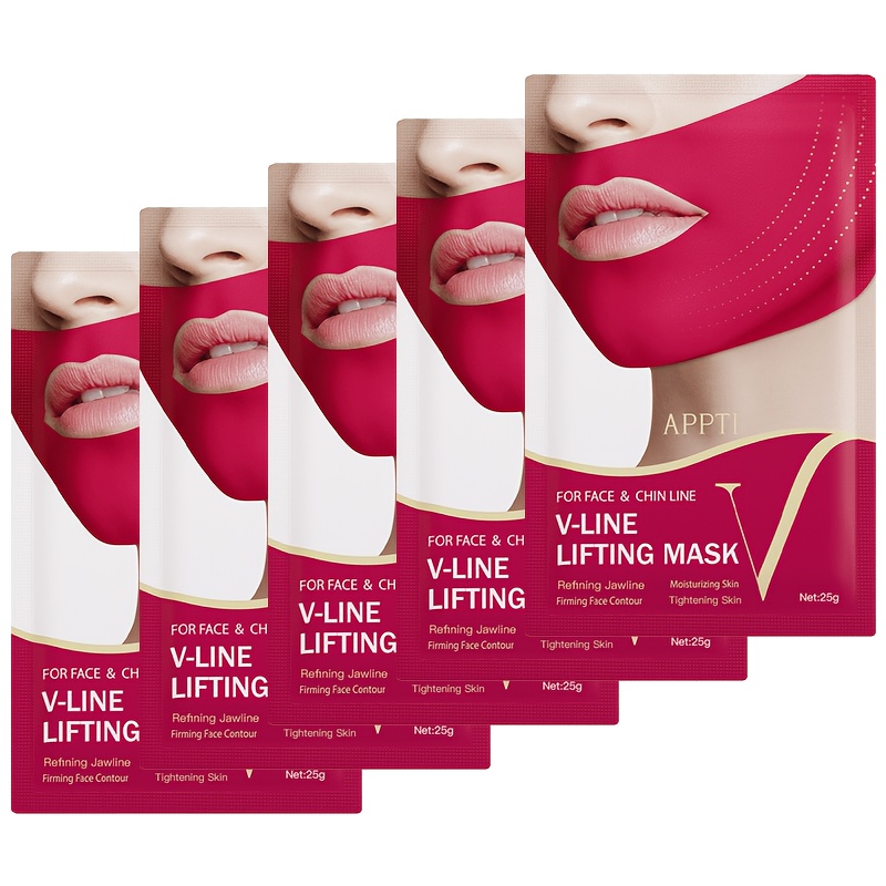Image of 5pcs V Line Lifting Collagen Face Mask, Face & Neck Wrinkle Patches, Neck Mask, Instant Firming & Smoothing, Wrinkles/, V-shaped Chin Lifting Strap, Skincare Products