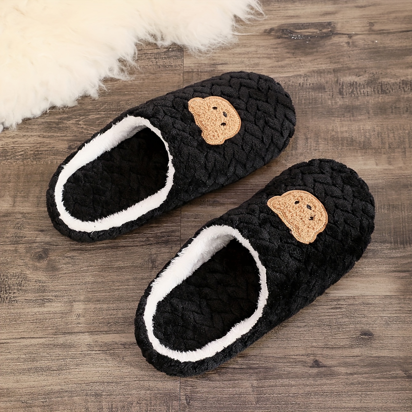 TEMU Bear Slippers - Lightweight Warm Indoor With Cartoon Bear Pattern, Slip- Round Toe Suitable For,,, Fabric For Autumn/winter, Care For Older Home